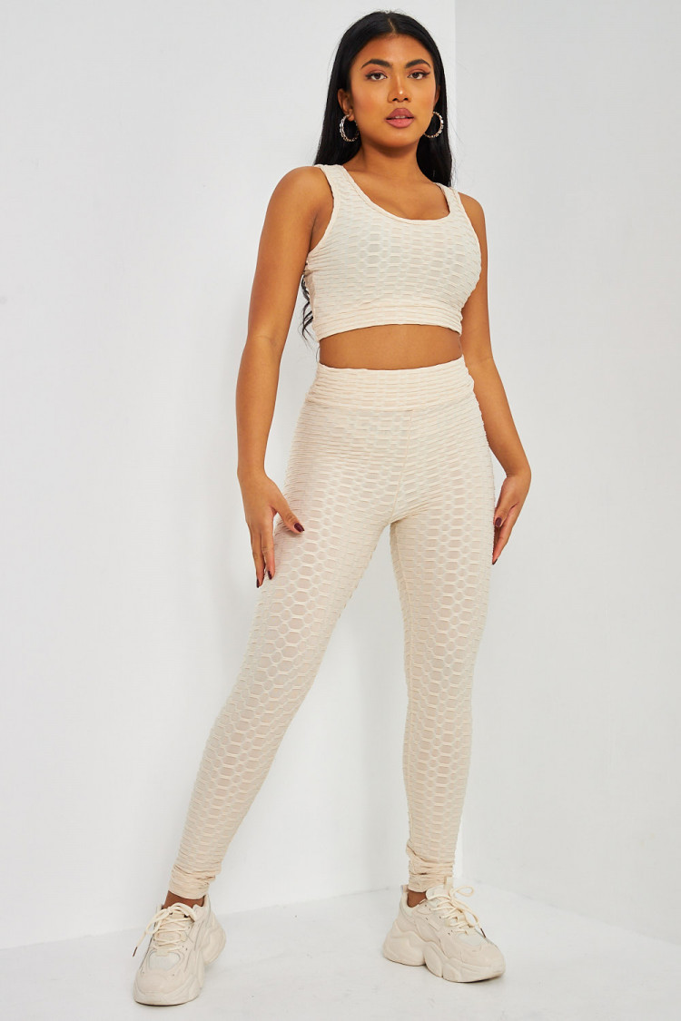 Ensemble 2 pièces crop top + legging texturé beige