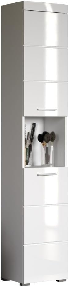 trendteam smart living - Amanda - Hochschrank - Weiß Hochglanz - Badezimmerschrank mit 2 verstellbaren Einlegeböden - (BxHxT) 37 x 190 x 31 cm - moderner Badschrank mit 4 Fächern und Einer Ablage