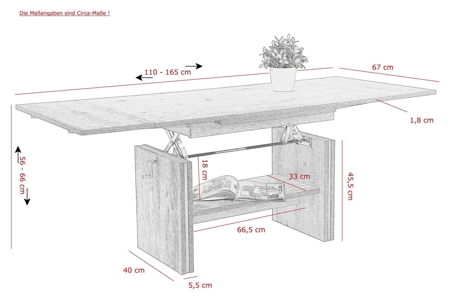 Couchtisch Hilmar, Eiche hell, mit Ablage / 2 Ansteckplatten