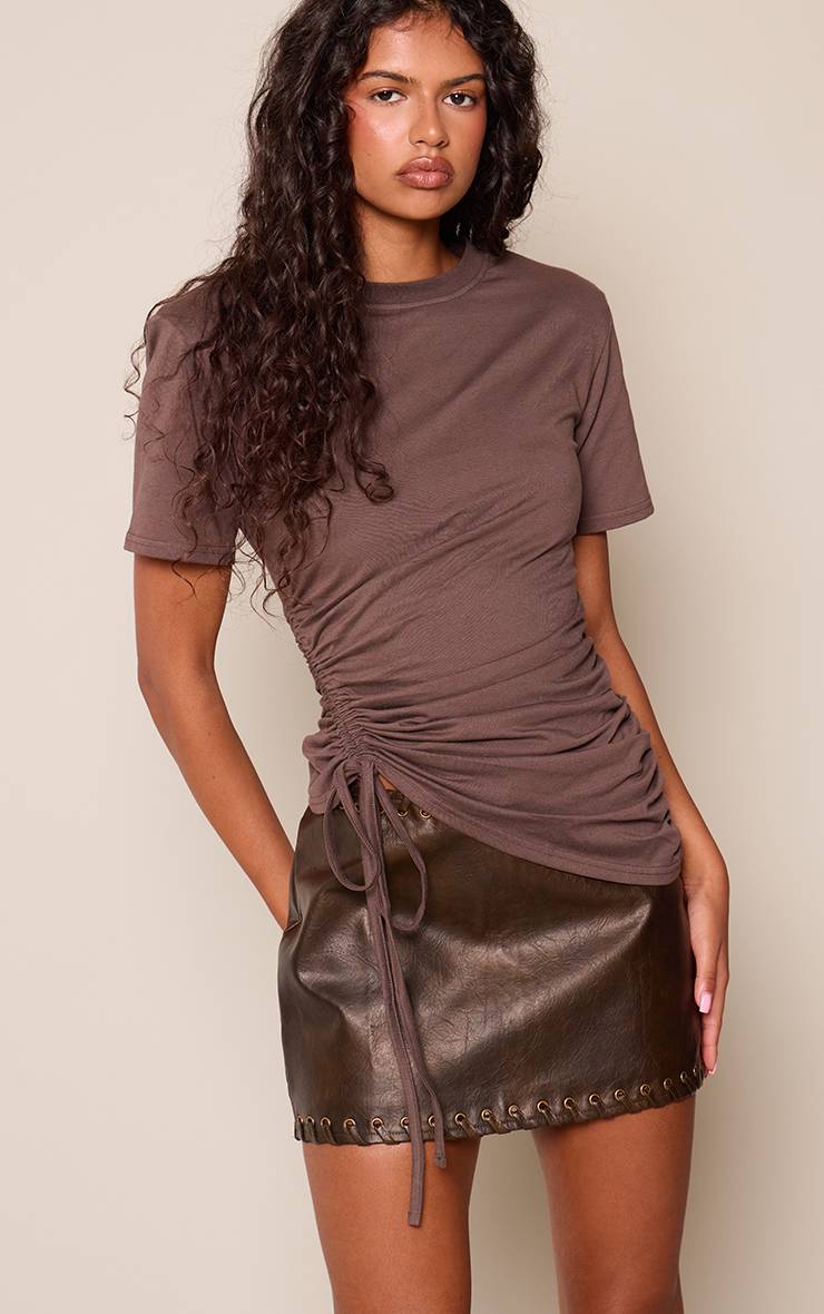 Marron Foncé Mini-jupe Tressée En Synthétiquecuir