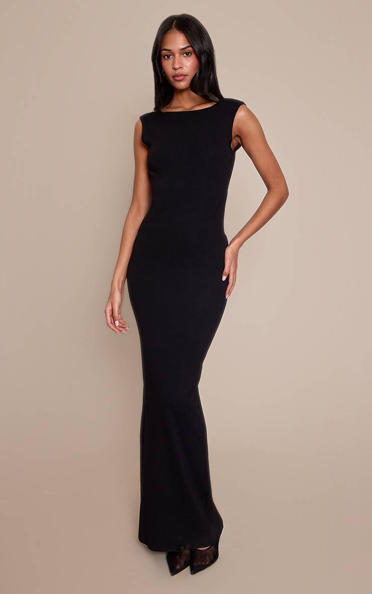 Noir Robe Maxi Moulante Dos Nu En Maille Transparente Col Bateau Pour Grande Taille