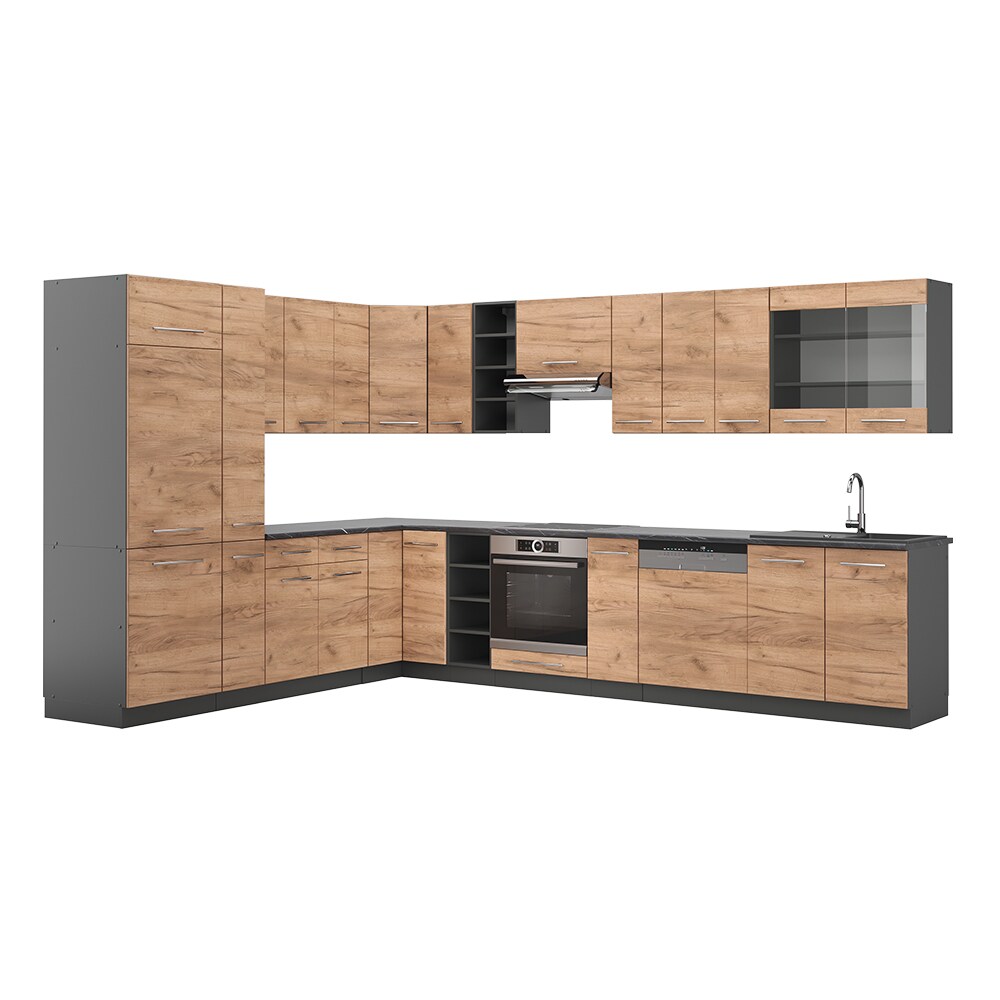 Vicco Eckküche Küchenzeile Einbauküche Fame-Line Anthrazit Eiche 257x347 cm modern Spülenunterschrank Unterschrank Herdumbauschrank Hängeschrank Kühlumbauschrank Apothekerhochschrank Blende