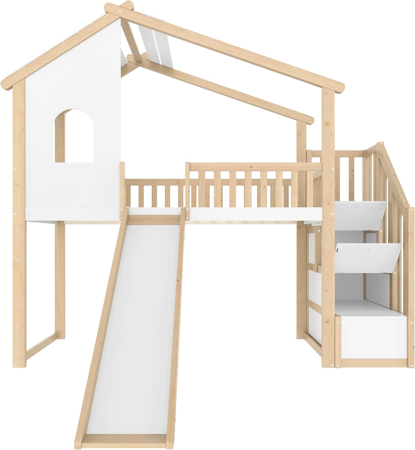 Merax Kinderbett 90x200 Hausbett Hochbett mit Rutsche, Dach&Fenster&Bettgitter, Treppe mit 2 Ablagefächern, Bett mit Lattenrost & Rausfallschutz, Ohne Matratze, Weiß+Natur