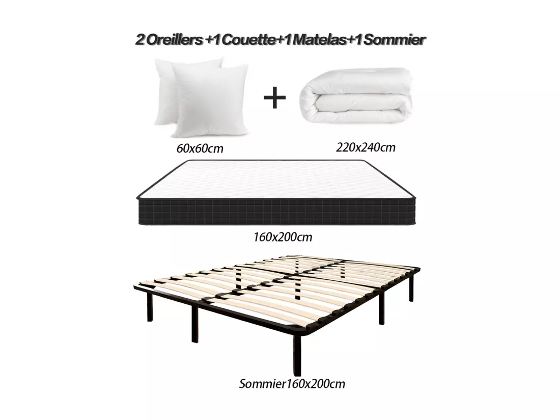 Lit Ensemble Matelas et Sommier 160x200 cm - Matelas 160x200x15cm Mousse avec 1 Couette 220x240 cm et 2 Oreillers 60x60 cm et Sommier 160x200cm avec Pieds (Deux colis)