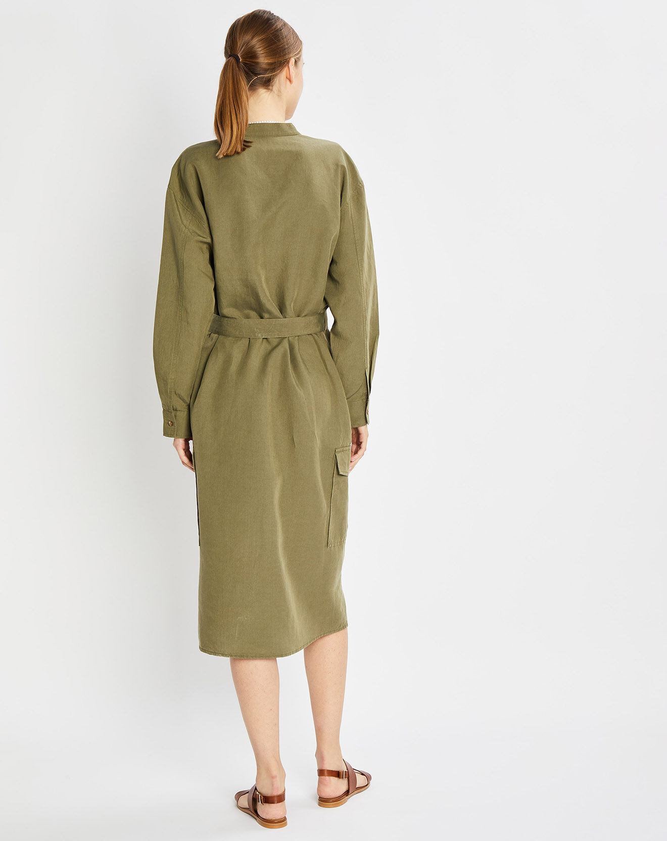 Marc O'Polo Robe Chemise en Lin mélangé Col Mao Tencel kaki