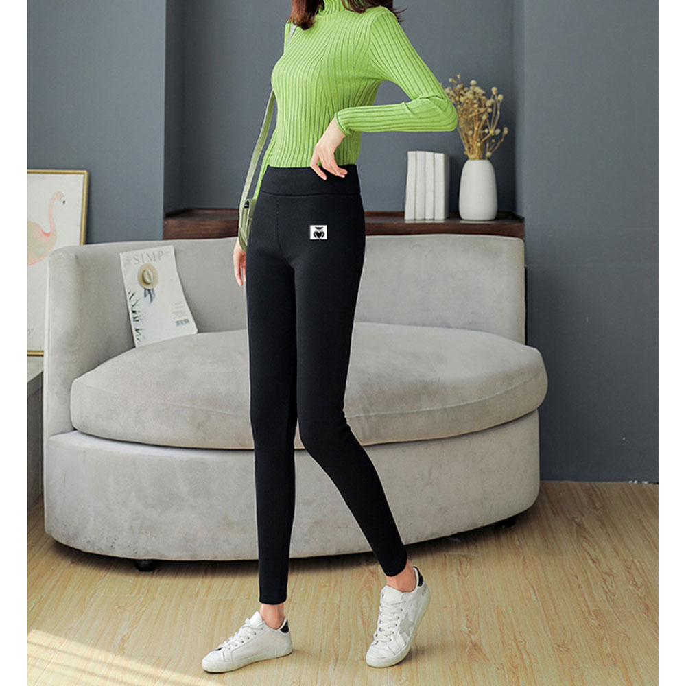(Gr. L) Flauschige Winter Leggings Gefütterte Fell Hosen mit Innenfleece Extra Dick - Schwarz
