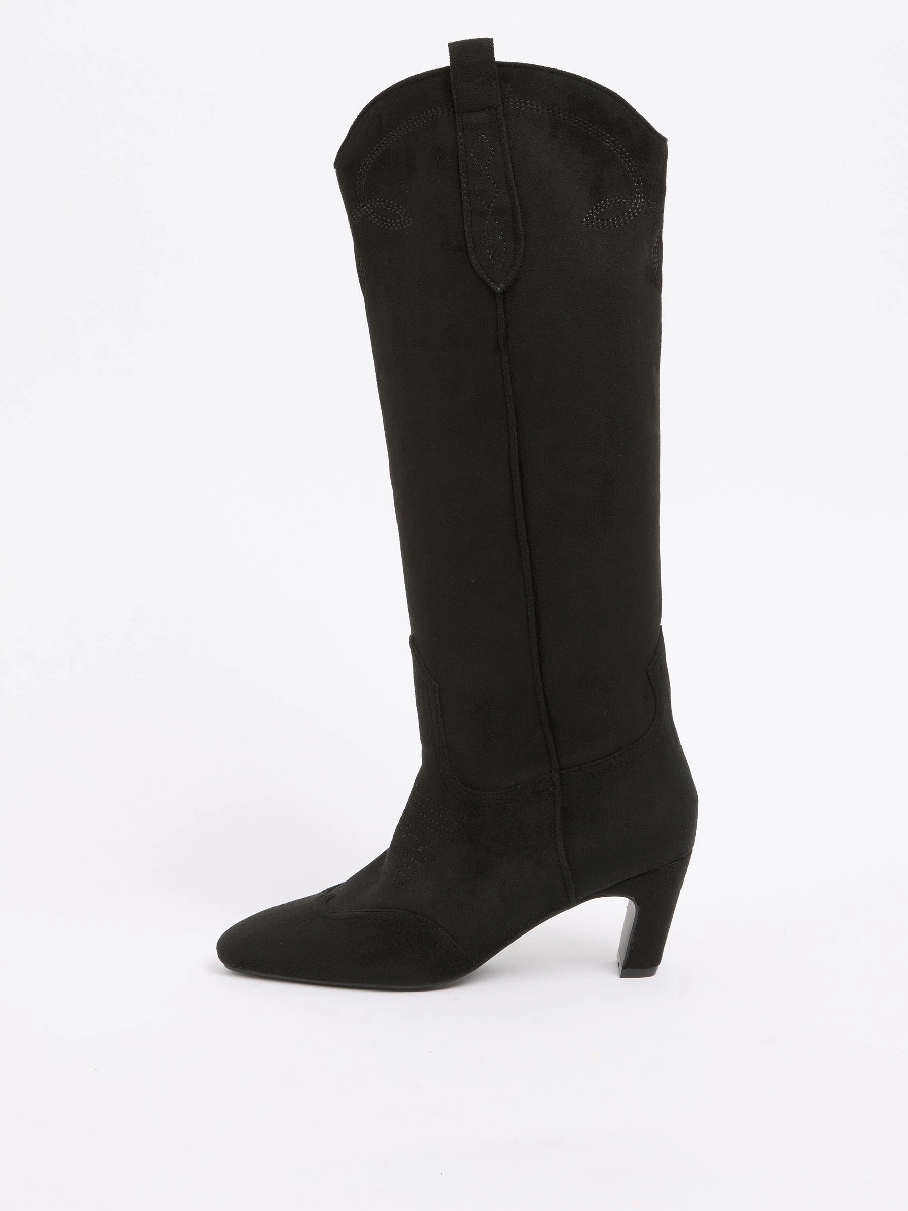 Zwart - Love & Roses Faux Suede Pull On Western Low Heel Smart Long Boots