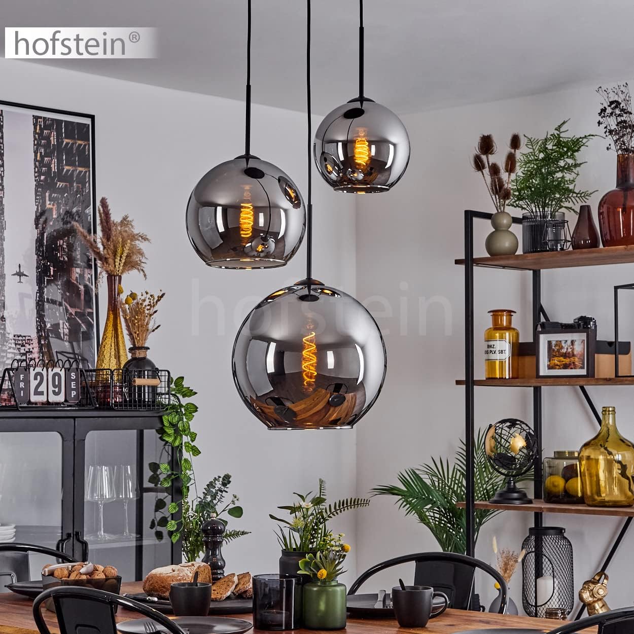 Hängeleuchte Koyoto, Hängelampe aus Metall/Glas in Schwarz/Chromfarben, Leuchte 3-flammig im Vintage/Retro Design mit Schirmen aus Glas (Ø 20cm/25cm/30cm), Höhe max. 151,5 cm, E27, ohne Leuchtmittel