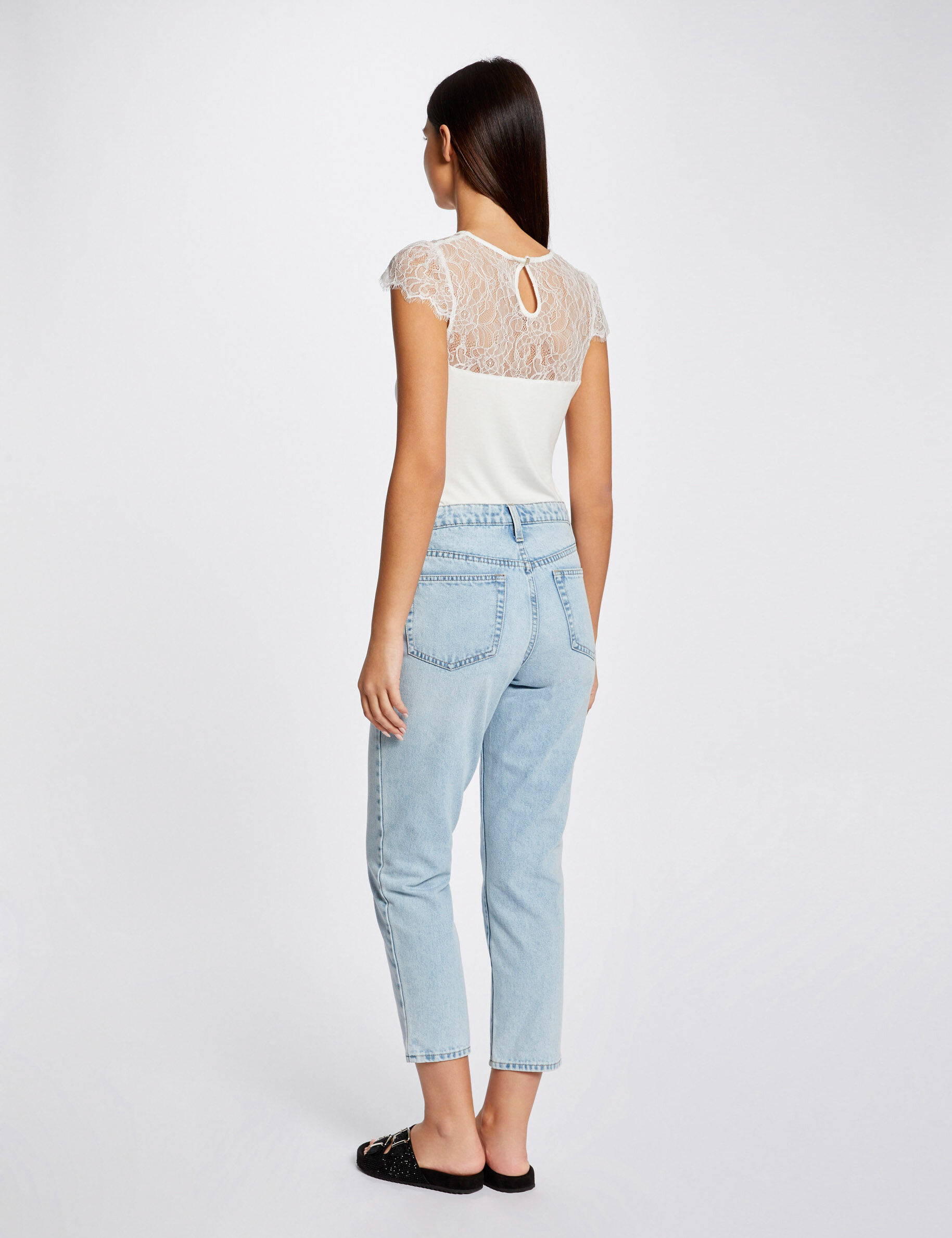 T-shirt manches courtes à dentelle ecru femme - ecru