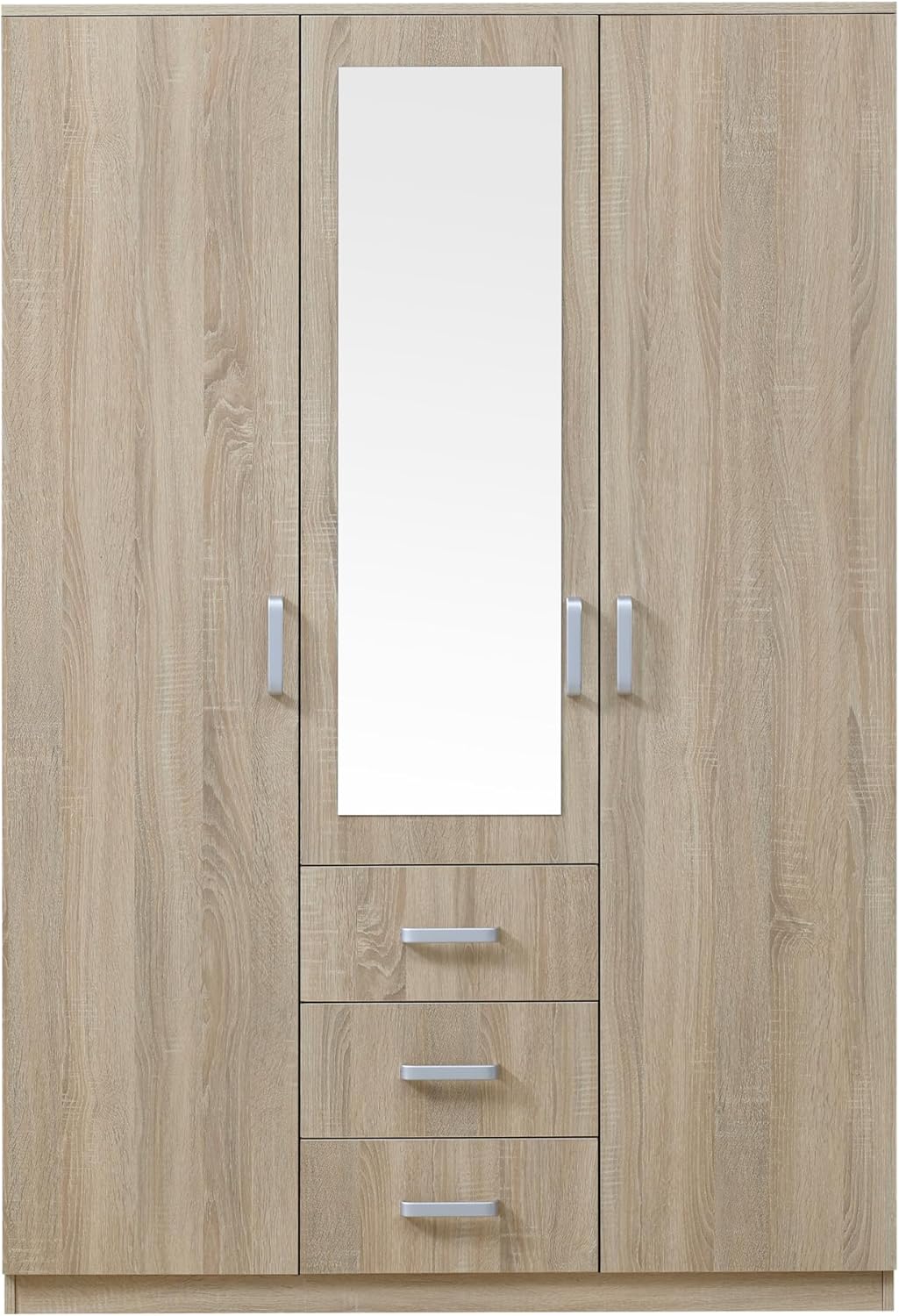 [en.casa] Kleiderschrank Bodolz Schrank mit 3 Türen Garderobenschrank mit Spiegel 176 x 120 x 52 cm Schlafzimmerschrank 1 Kleiderstange 3 Schubladen 5 Fächer Sonoma-Eiche