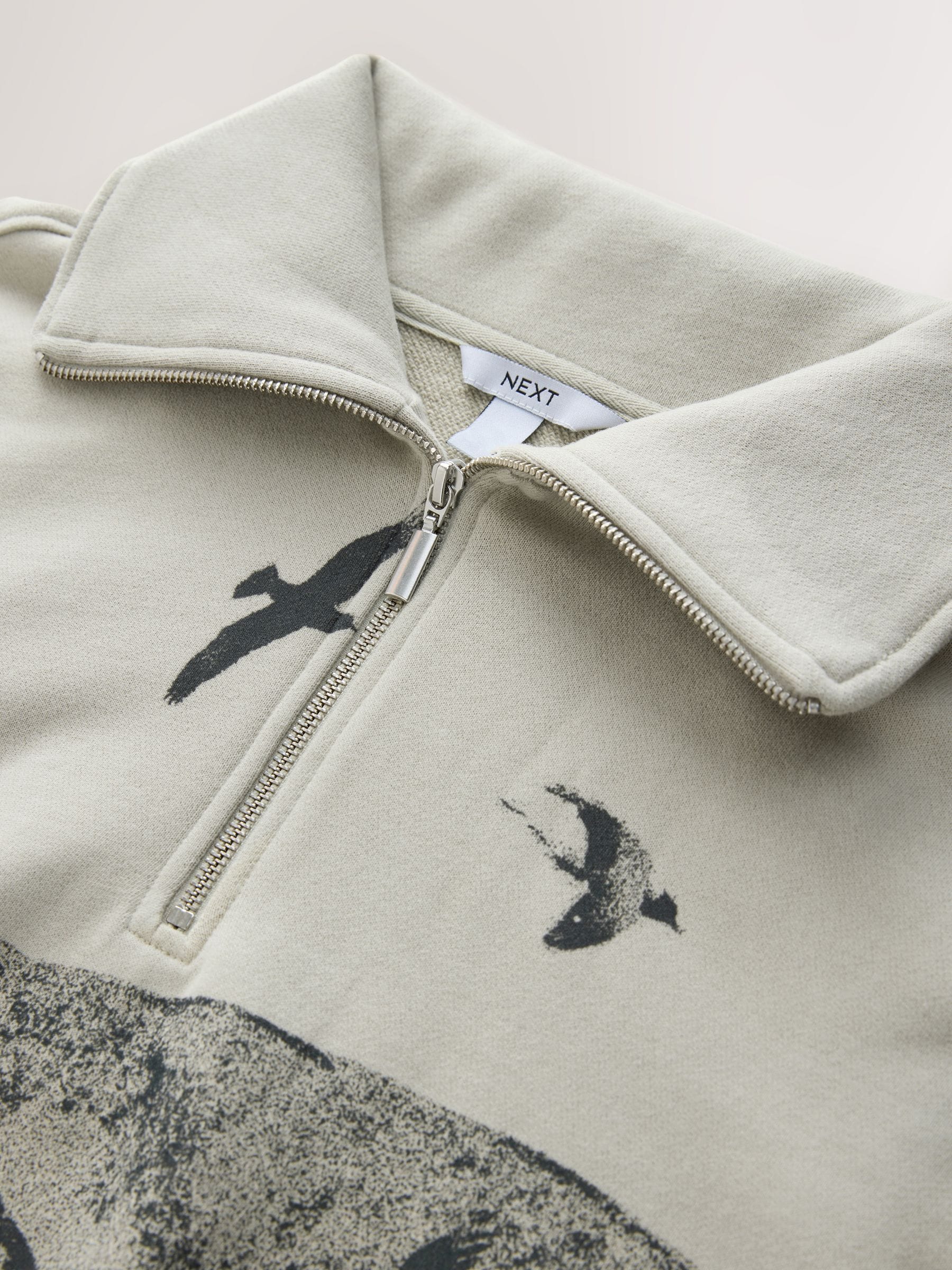 Grijs/Olijfgroen - 100% Cotton Graphic Print Scenic Outdoors Quarter Zip Neck Printed Long Sleeve Fleece Sweatshirt