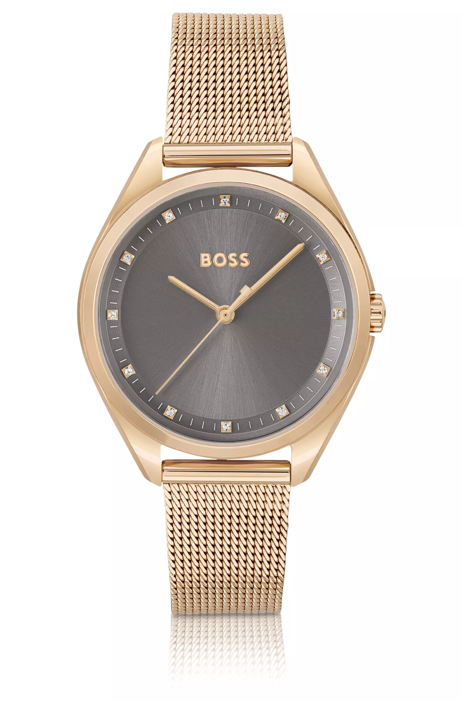 Relógio BOSS com efeito preto e dourado e marcadores de cristal.