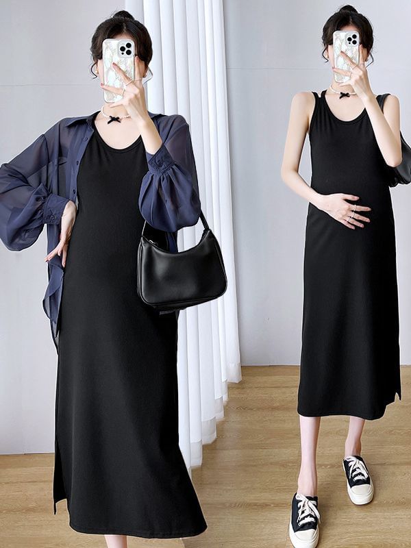 Levsayte - Zwangerschapsset: Spaghettibandjes Effen Midi A-lijn Jurk + Blouse met Knoopjes