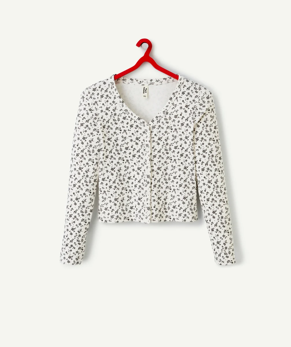 T-SHIRT MANCHES LONGUES FILLE EN COTON BIO ÉCRU BOUTONNÉ AVEC IMPRIMÉ FLEURI