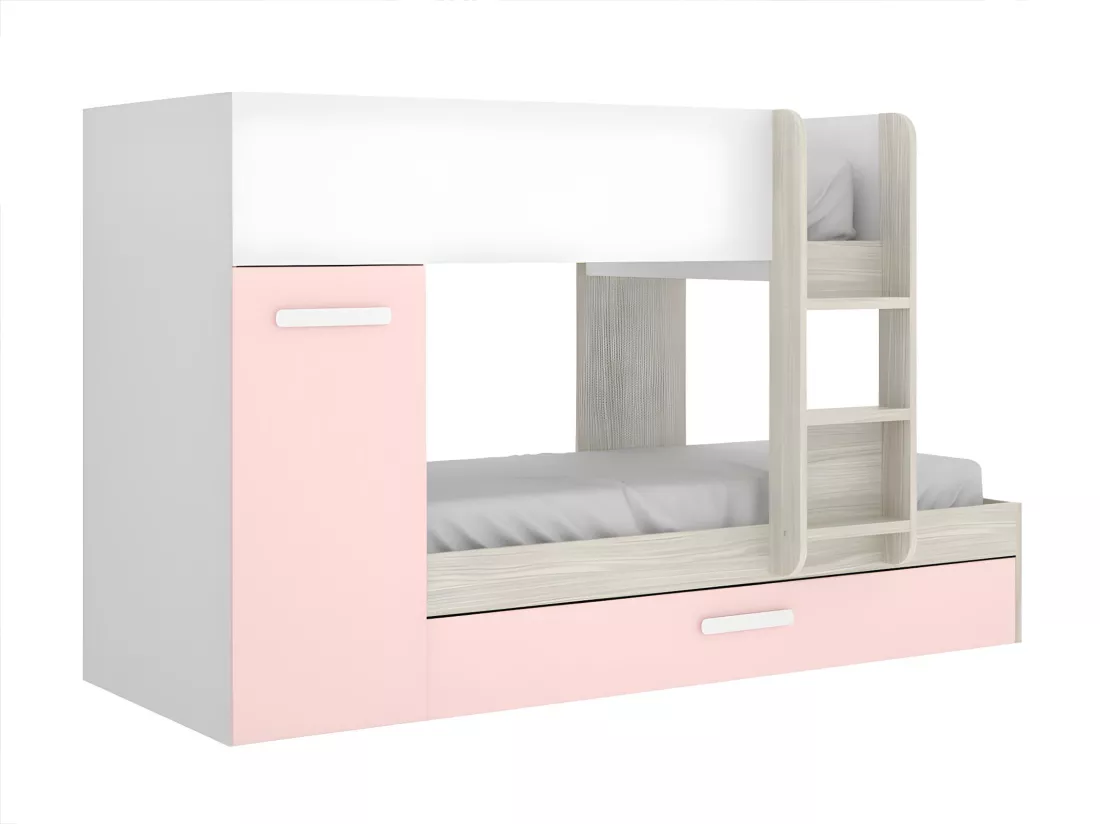 Lits superposés avec tiroir lit gigogne et rangements 3 x 90 x 190 cm - Blanc, naturel et rose - ANTHONY