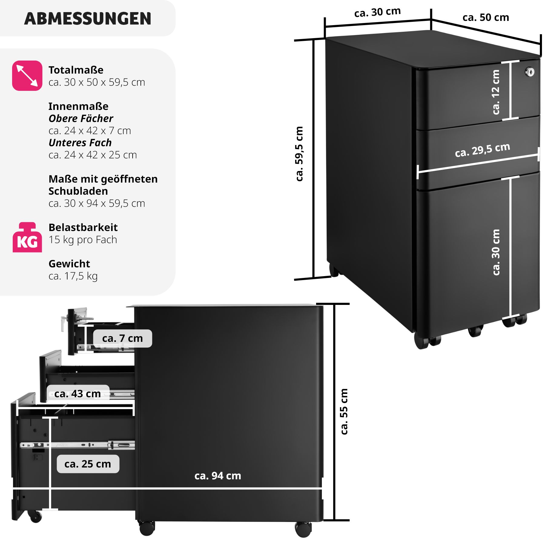 tectake® Aktenrollschrank, aus pulverbeschichtetem Stahl, herausnehmbarer Einsatz für Schreibutensilien, 30 x 50 x 59,5 cm