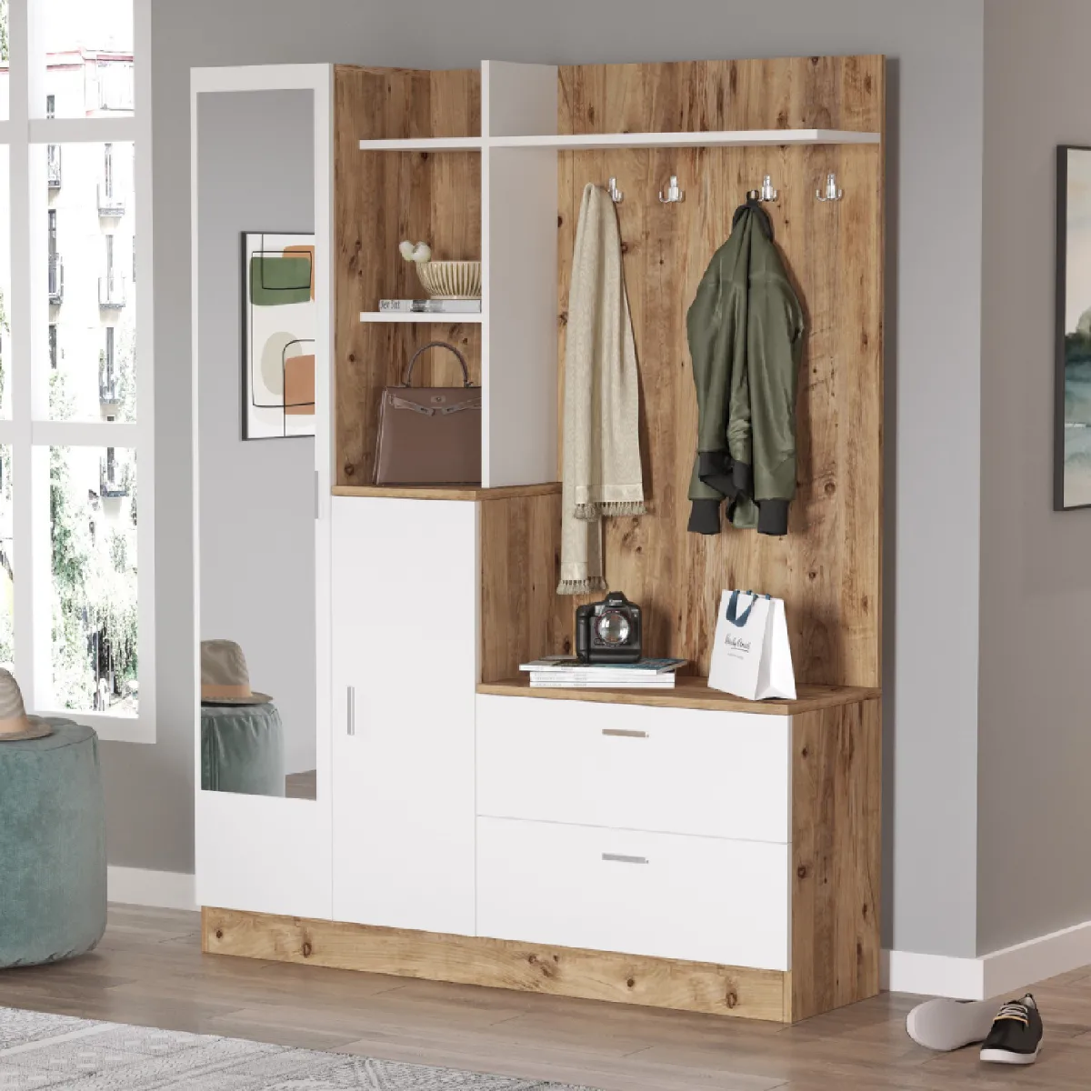 CONCEPT USINE Meuble d'entrée ANKA - Bois naturel/blanc