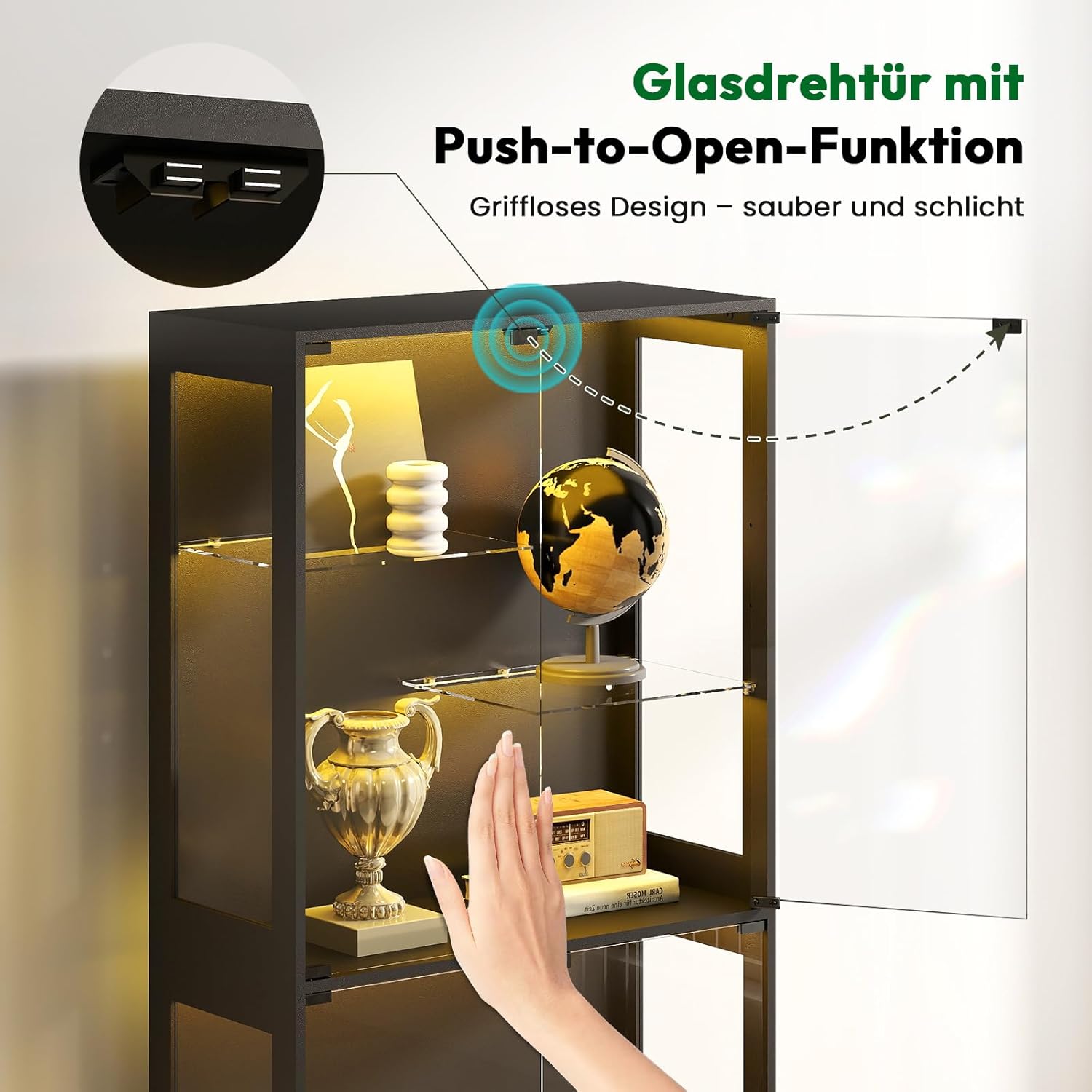 Glasvitrine Stehend 175 cm mit RGB-LED Beleuchtung – Höhenverstellbarer Vitrinenschrank mit Sicherheitstemperglas & Magnetverschluss | Für Sammlungen im Wohnzimmer (Schwarz)