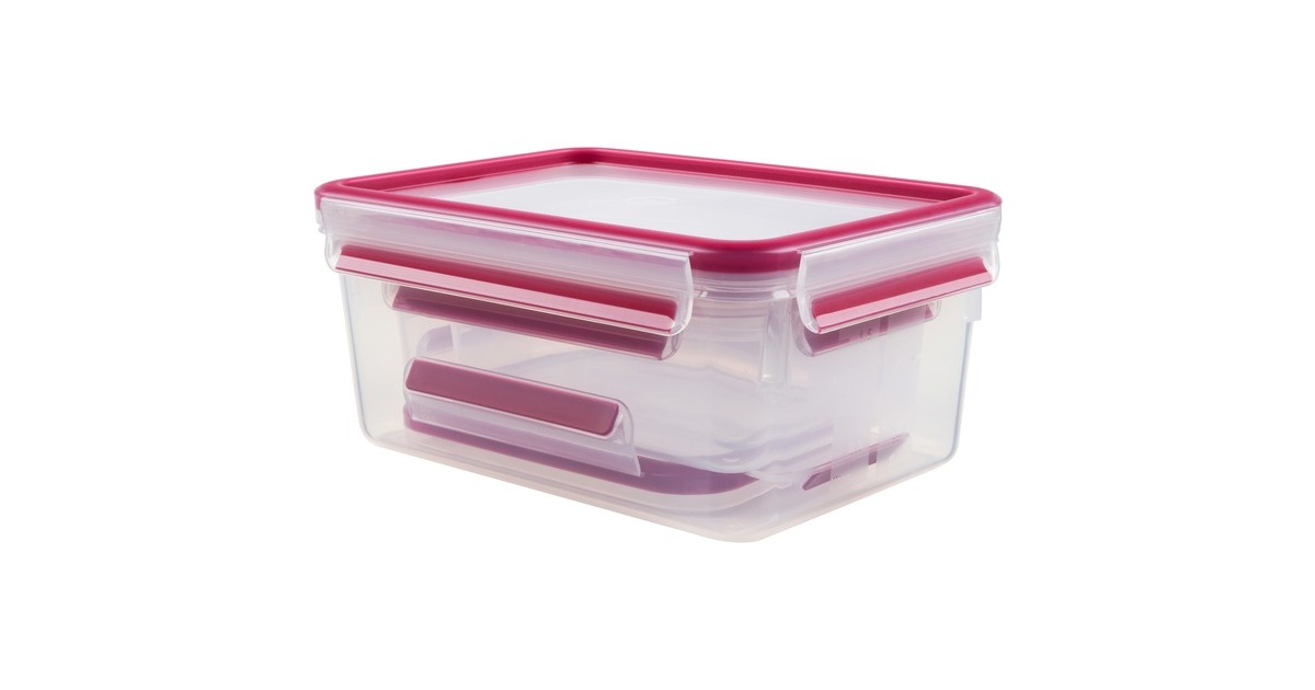 EmsaClip & Close vershoudbakjes, 3-delige set, 0,55 / 1,0 / 2,2 L doos  (Transparant/Framboos, rechthoekig)