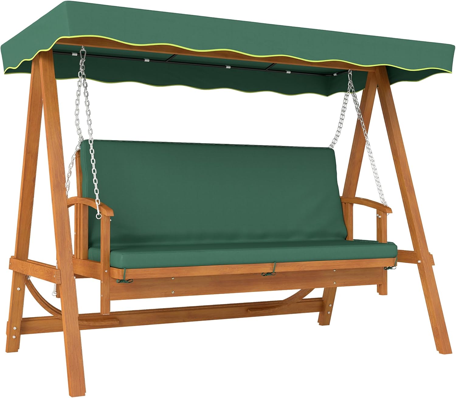Outsunny 2 in 1 Hollywoodschaukel mit Liegefunktion, 3-Sitzer Gartenschaukel aus Holz, Holzschaukel mit Sonnendach Sitzauflage, Schaukelbank bis 330kg, für Garten, Terrasse, 236x130x181 cm, Dunkelgrün