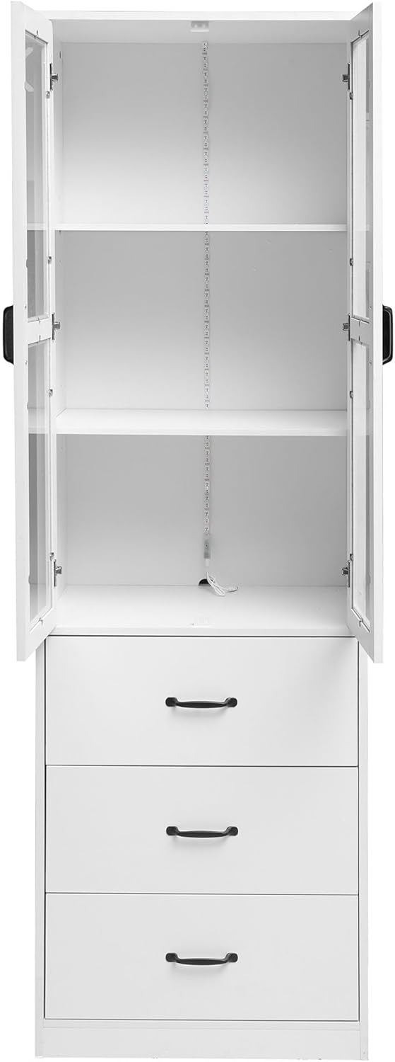 Merax Vitrine mit LED-Lichtern, Modern Standvitrine mit 2 Glastüren und 3 Schubladen, Glasvitrine Highboard mit viel Stauraum, Aufbewahrungsschrank Bücherschrank für Wohnzimmer Büro Esszimmer, Weiß