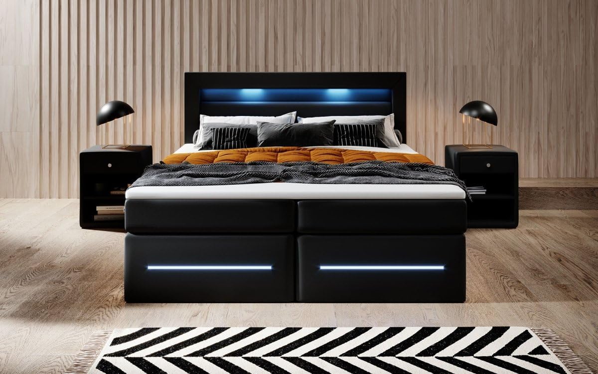Boxspringbett Sevilla 180x200 Doppelbett Polsterbett Bett mit LED-Beleuchtung und Stauraum | Bezug: Kunstleder | Farbe: Schwarz | Härtegrad: H2 (bis 70kg)