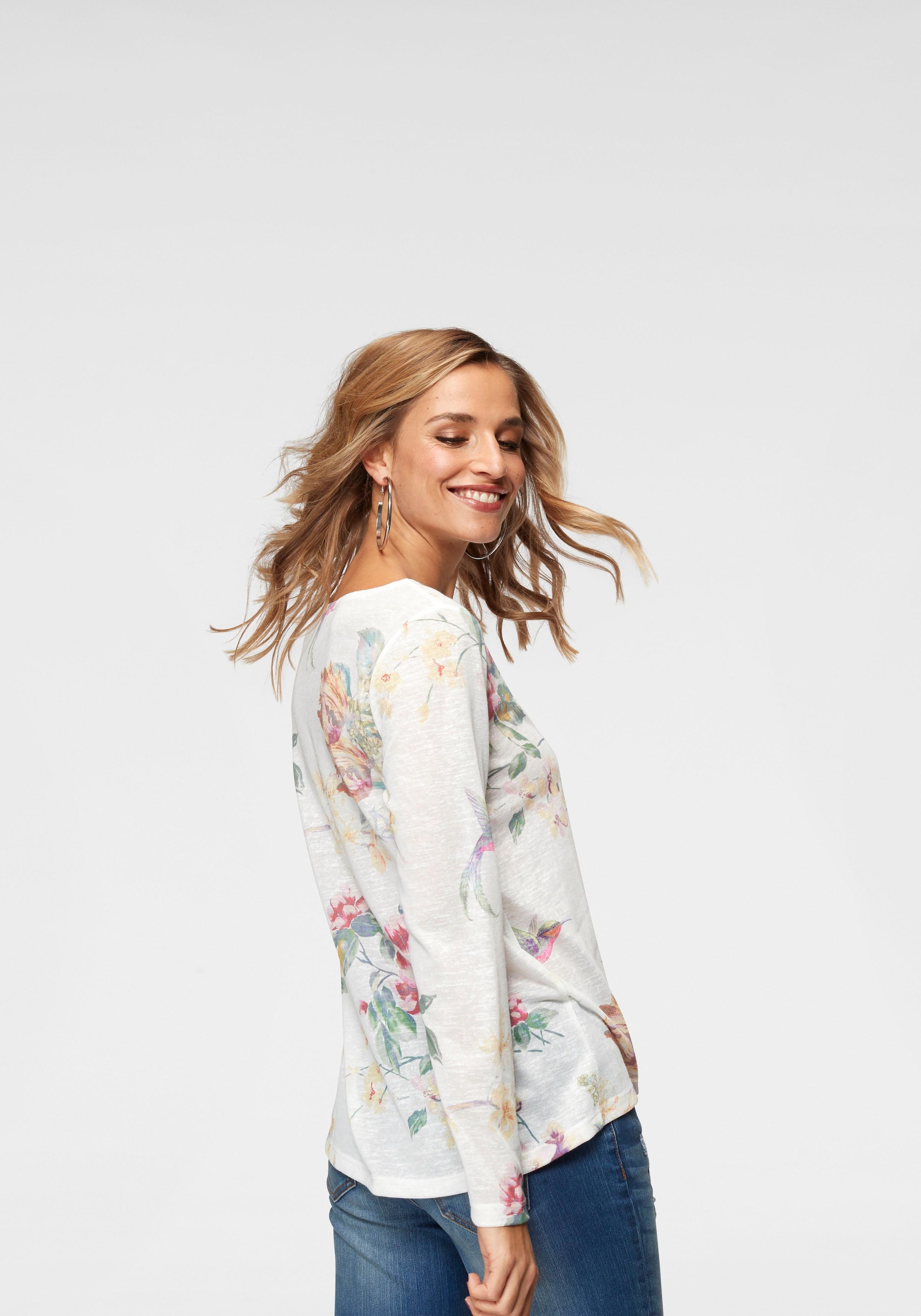 Aniston CASUAL Langarmshirt , mit grossflächigem Blumendruck und Vögeln