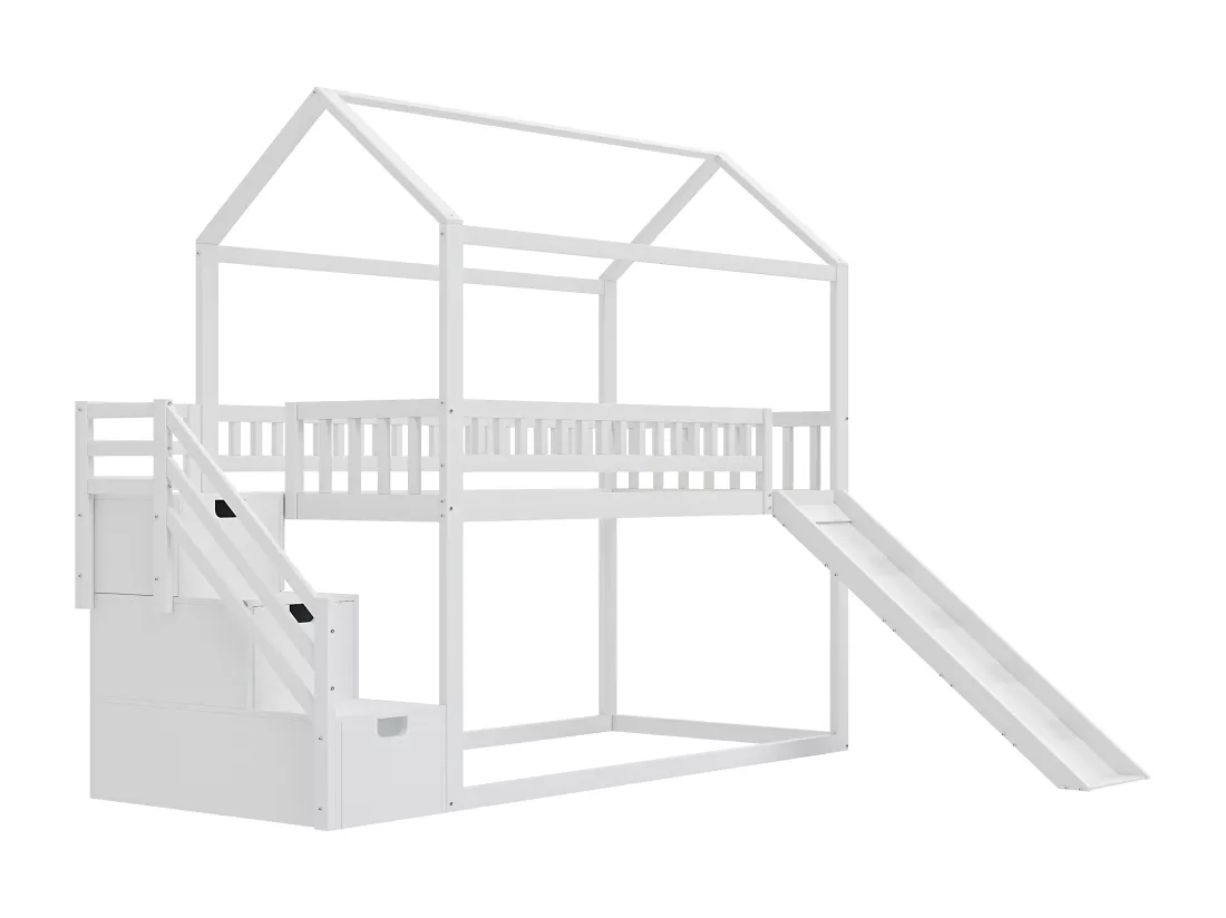 Lits superposés 2 x 90 x 200 cm avec 3 tiroirs et toboggan - bois massif - blanc