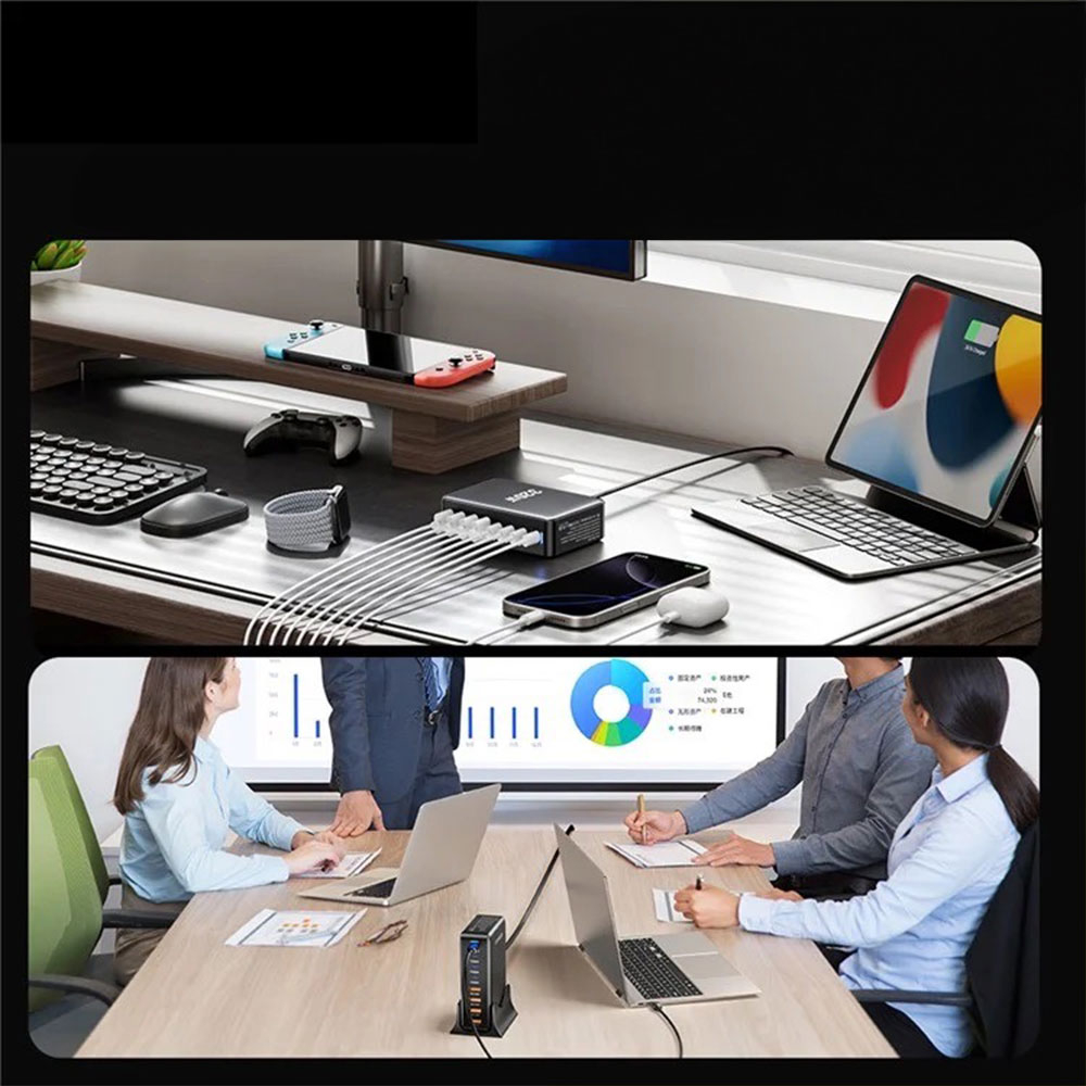(320W) 4x USB C / 4x USB A Ladegerät Ladestation Power Delivery 3.0 / Quick Charge 4.0 mit Halterung   Netzladekabel - Schwarz