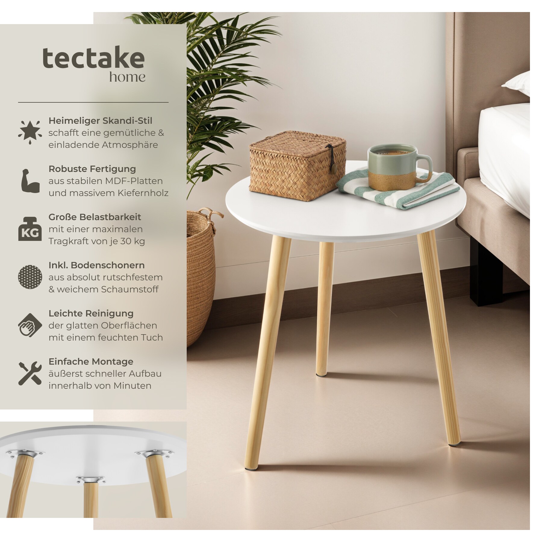 tectake® 2er Set Beistelltisch, Skandi-Style, massive Holzbeine, Belastbarkeit je 30 kg
