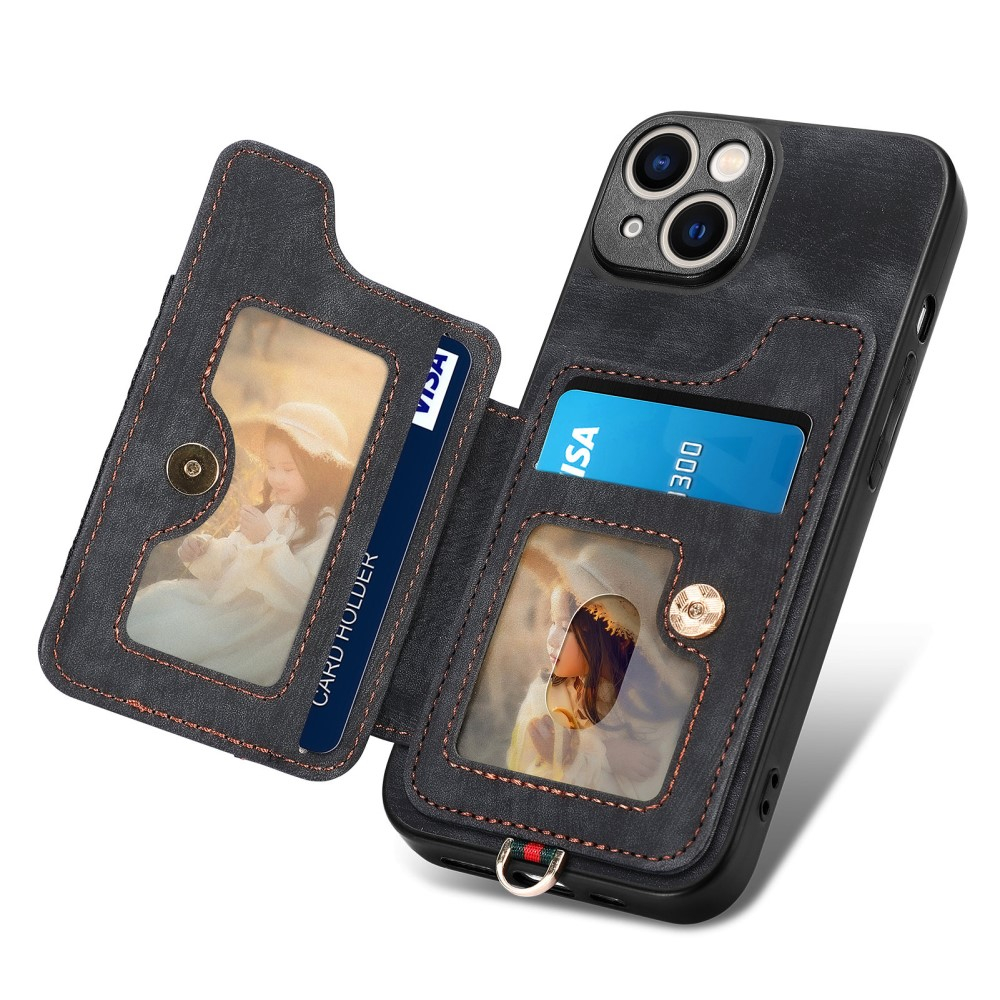 iPhone 14 Necklace Leder Hülle mit Kartenfächer   Finger Griff Halterung   Handykette (RFID Schutz) - Schwarz