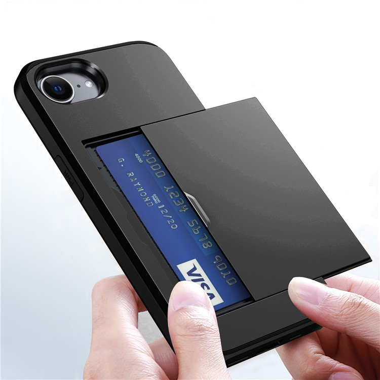 iPhone 16e Hybrid Hardcase Hülle mit integriertem Karten Portemonnaie (aufschiebbar) - Schwarz