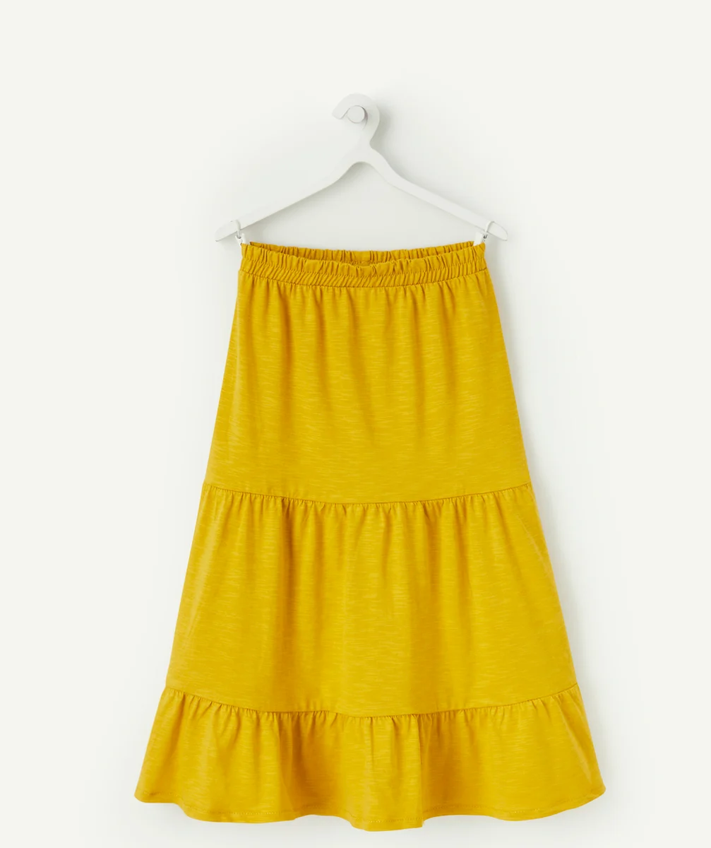 JUPE LONGUE À VOLANTS FILLE EN COTON JAUNE MOUTARDE