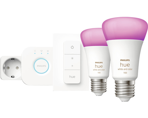 Philips hue lamp White & Color Ambiance starterset 2x E27/9W 1100 lm RGBW 2000-6500 K incl. bridge + dimmer switch + smart plug - compatibel met SMART HOME van hornbach