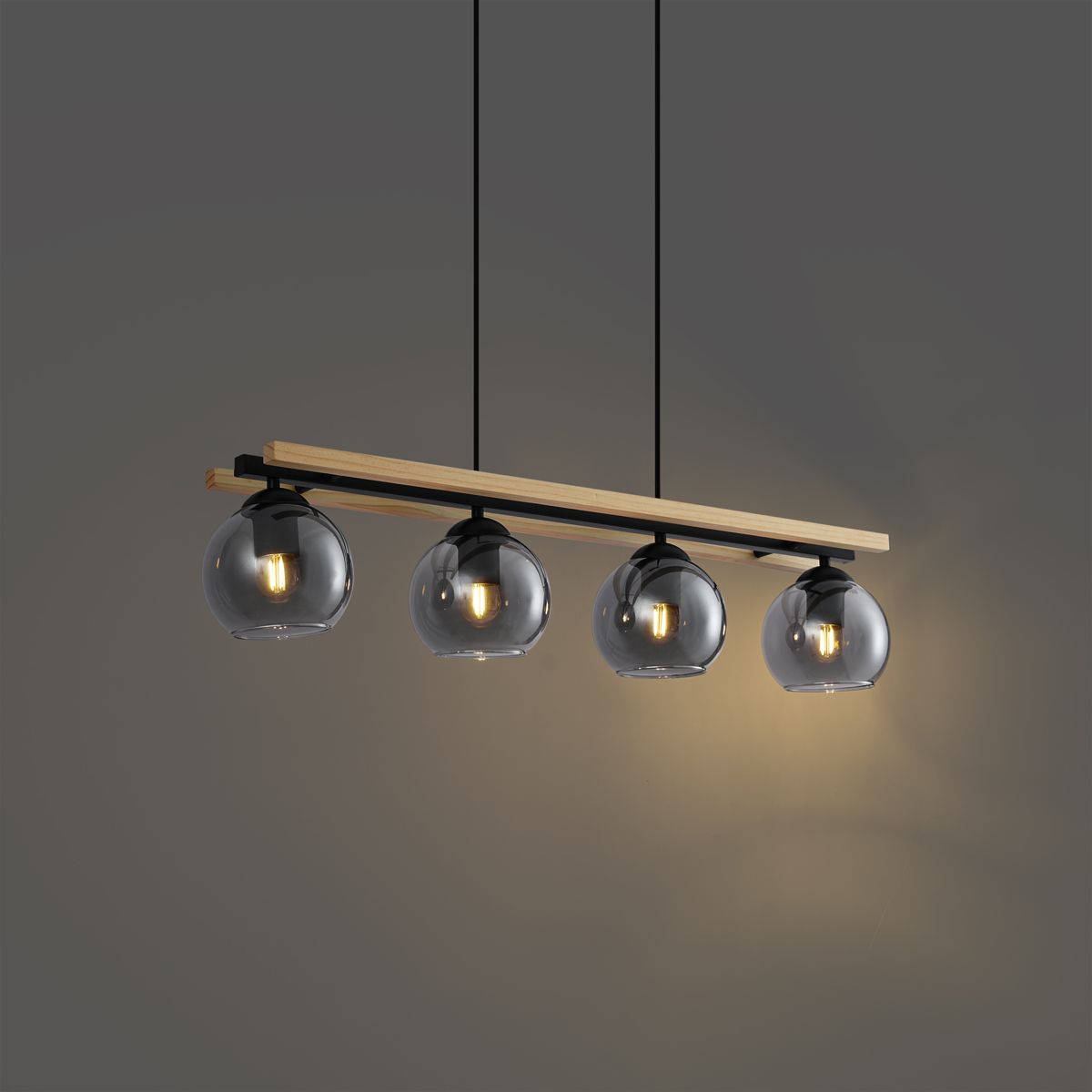 Moderne hanglamp zwart met hout en smoke glas 4-lichts - Aleks