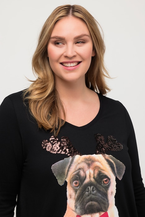 Shirt, Weihnachtshund, A-Linie, V-Ausschnitt, Langarm