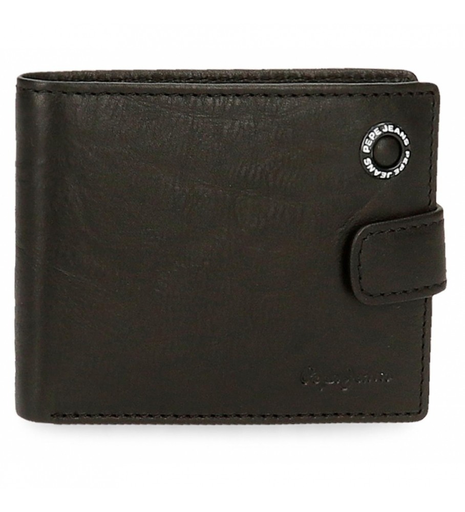 Carteira de couro Pepe Jeans Badge, preta com fecho de clique - 11x8,5x1cm -