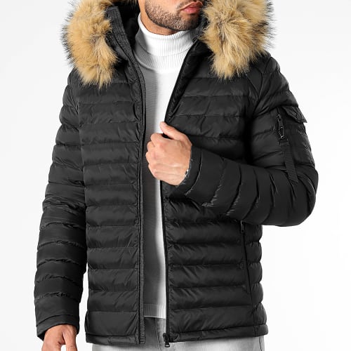 Doudoune Capuche Ultralight Avec Fourrure Noir Beige