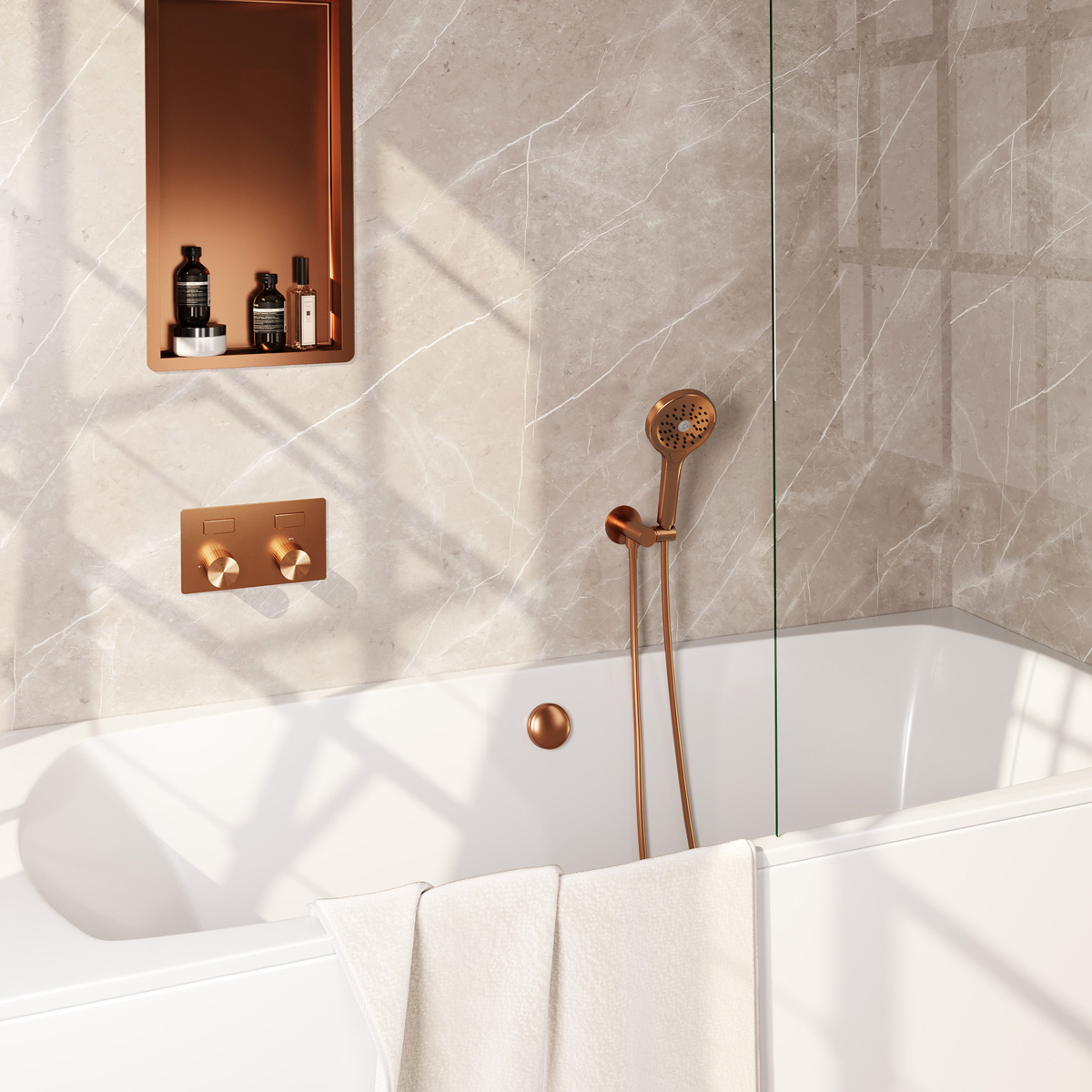 Brauer Stripe inbouw badkraan met drukknoppen, badvulcombinatie en 3 standen handdouche koper geborsteld PVD