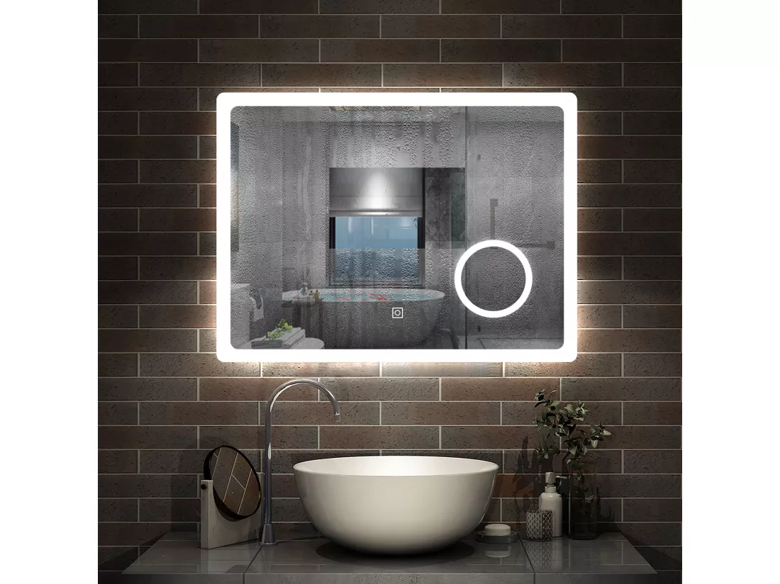 AICA 100x60cm miroir lumineux salle de bain LED anti-buée,tricolore avec loupe 3x, mémoire et dimmable