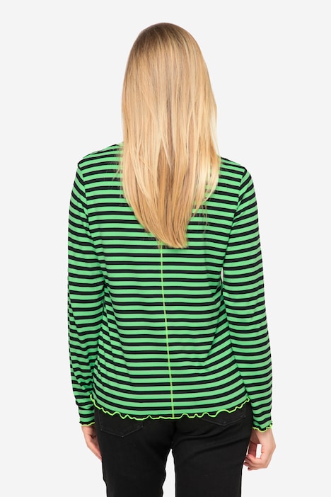 T-Shirt, Ringel, Stehkragen, Langarm, Neon-Ziernähte