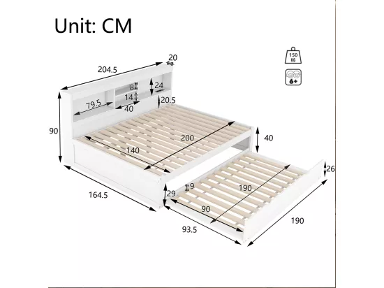 Lit gigogne 140x200 éclairage d'ambiance télécommandé compartiment de rangement côté lit prise+USB Blanc