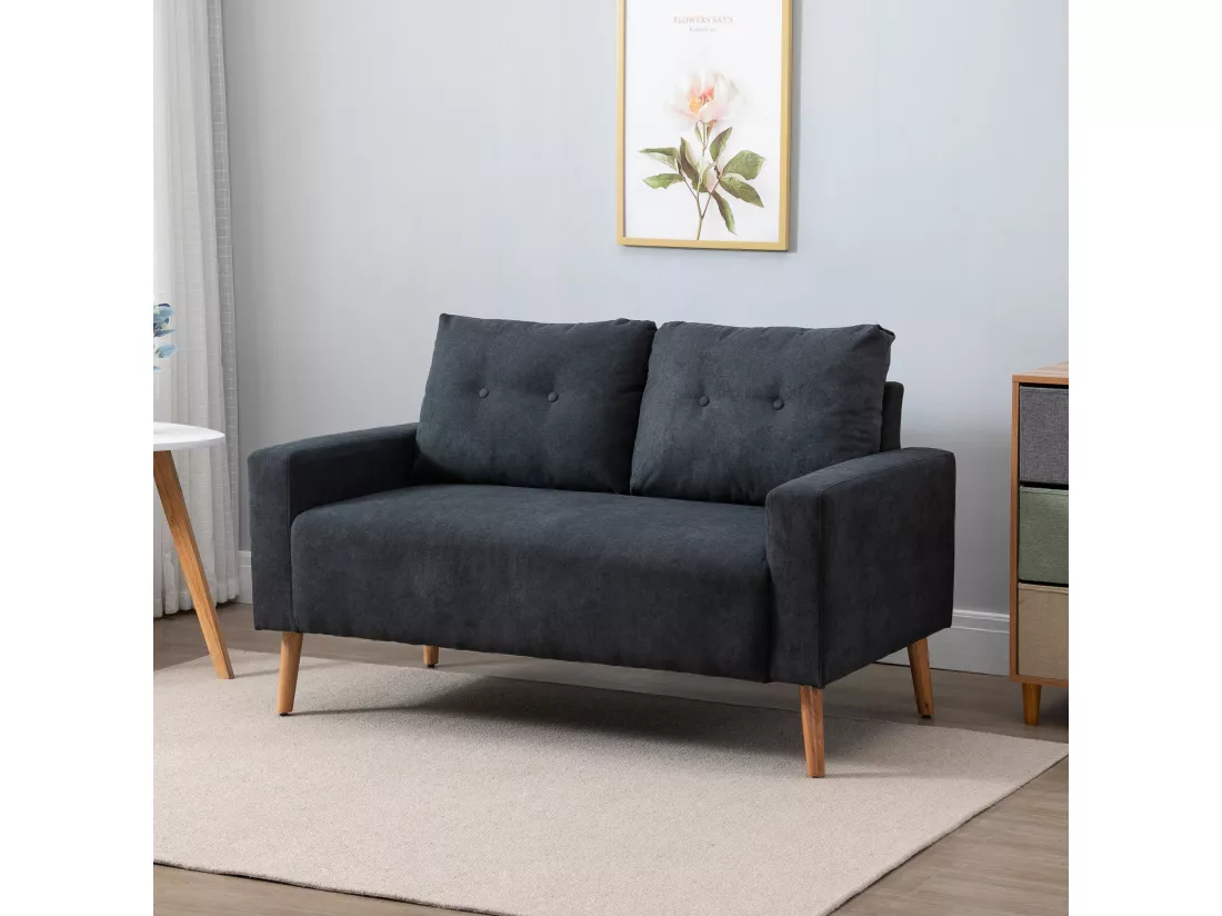 Canapé 2 places design scandinave dim. 145L x 76l x 88H cm pieds bois massif tissu gris foncé