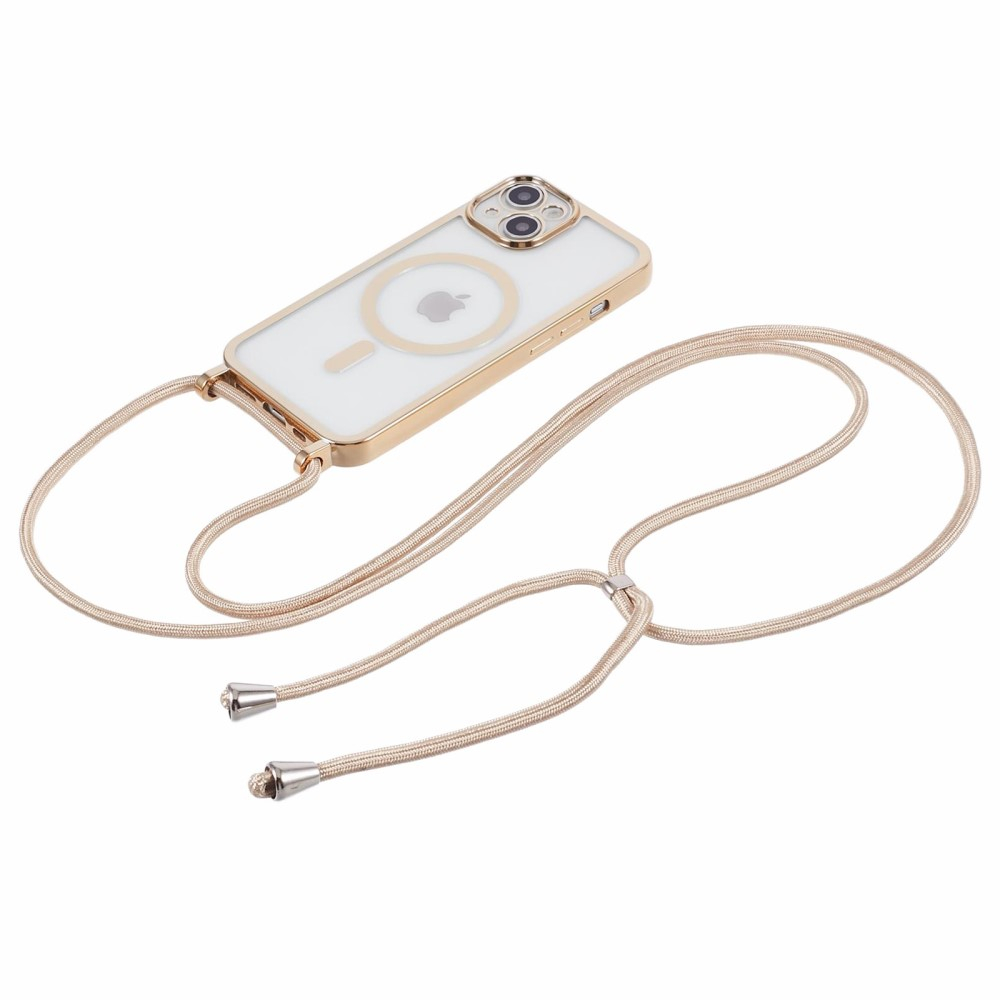 iPhone 15 MagSafe Necklace Gummi Case Hülle Galvanisierter Rahmen mit Handykette (160cm)   Kameraschutz - Gold / Transparent