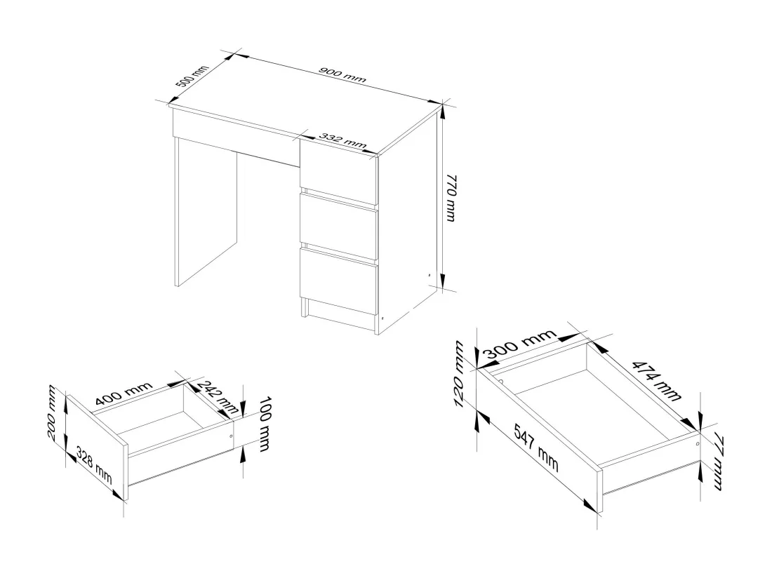 Bureau d'ordinateur AKORD droit A7 Blanc 90 cm 4 tiroirs façade Blanche 90x50x77 cm