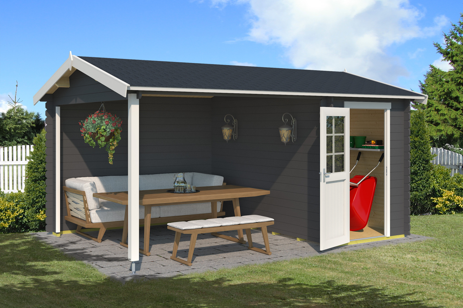 Gartenhaus WIBO - carbongrau - Fichte massiv - 425/144x300 cm