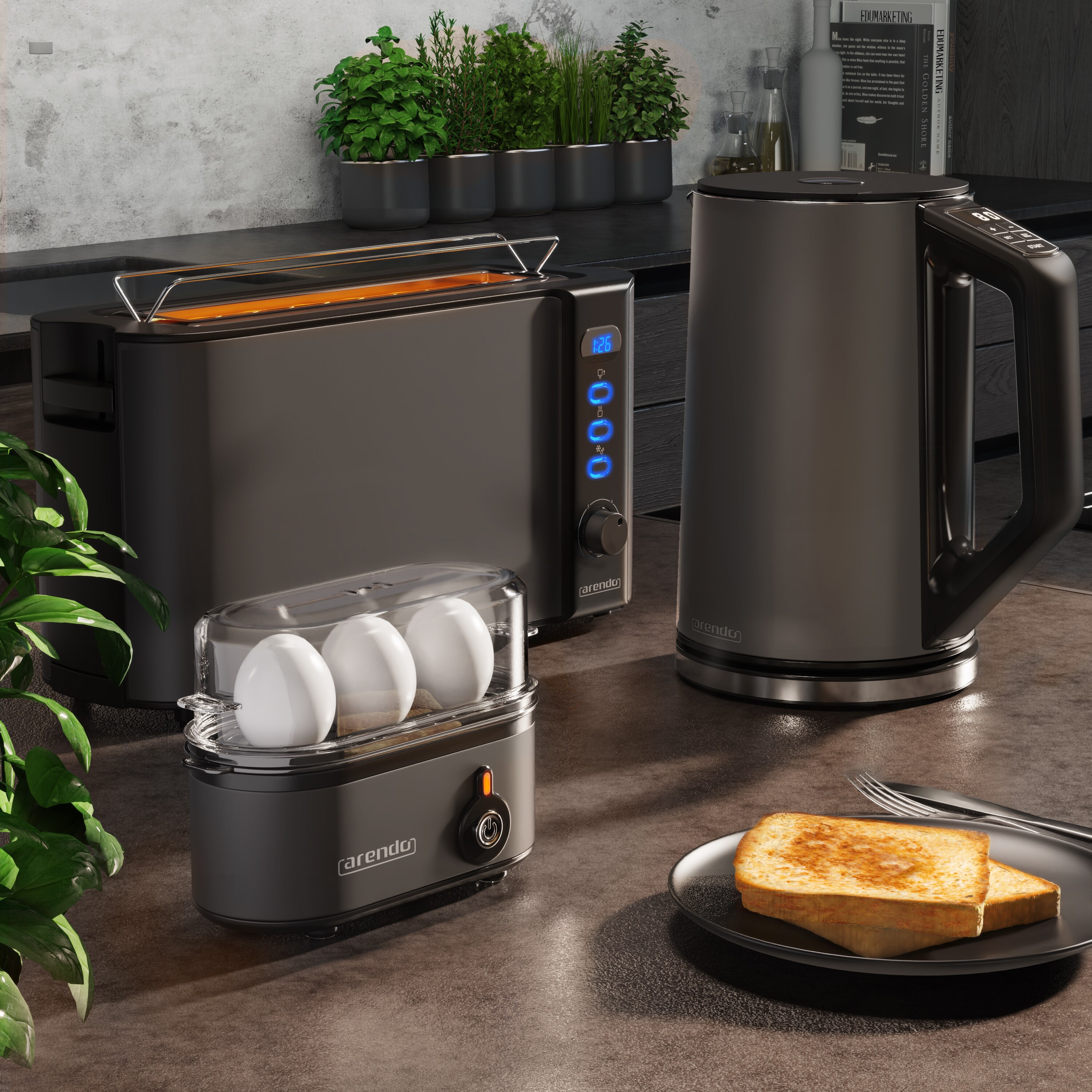 Arendo Frühstücks-Set in grau Wasserkocher / Toaster / Eierkocher