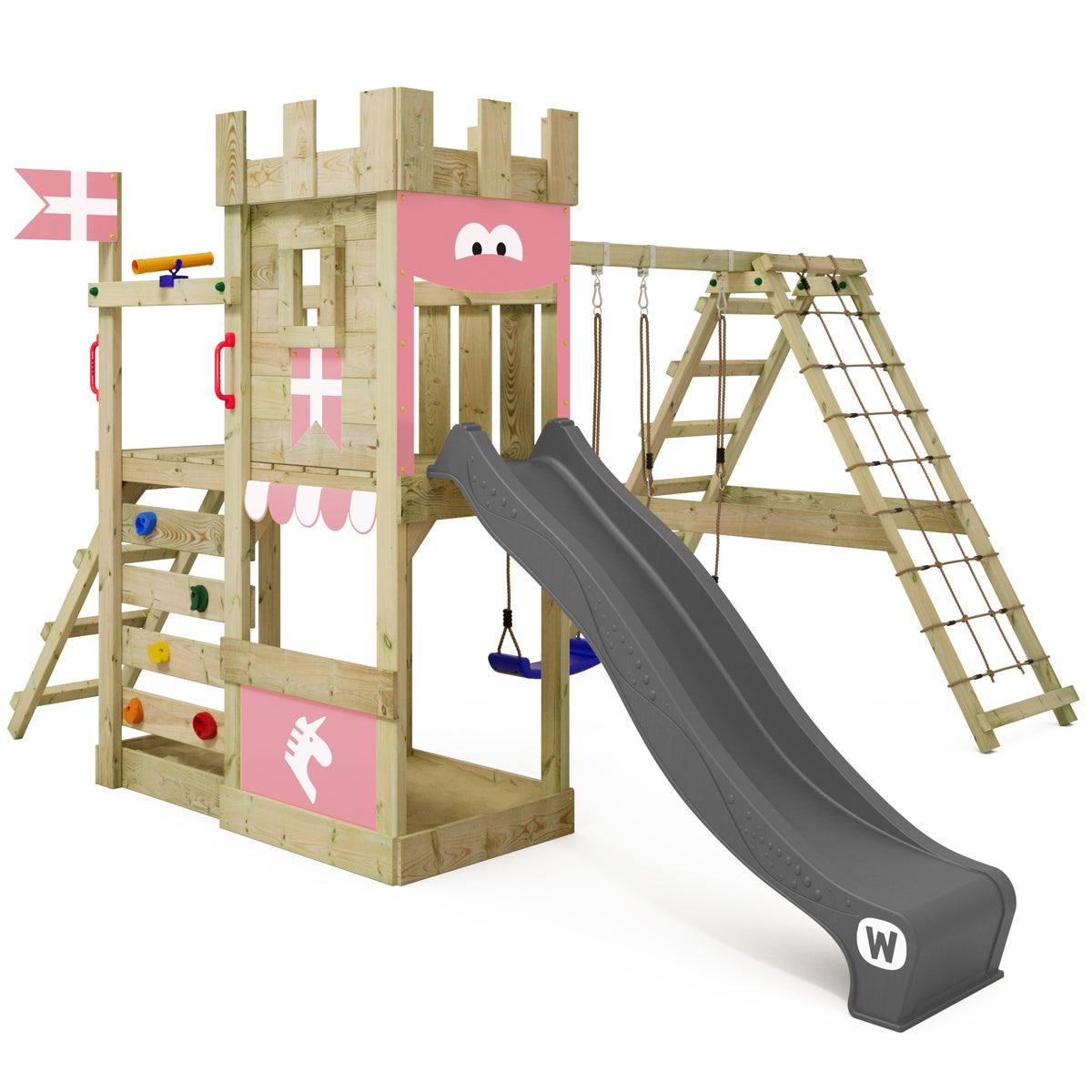 WICKEY DragonFlyer Castle Speeltoren met Schommel en Glijbaan, Speelhuis met Zandbak, Klimladder en Speelaccessoires – Antraciet