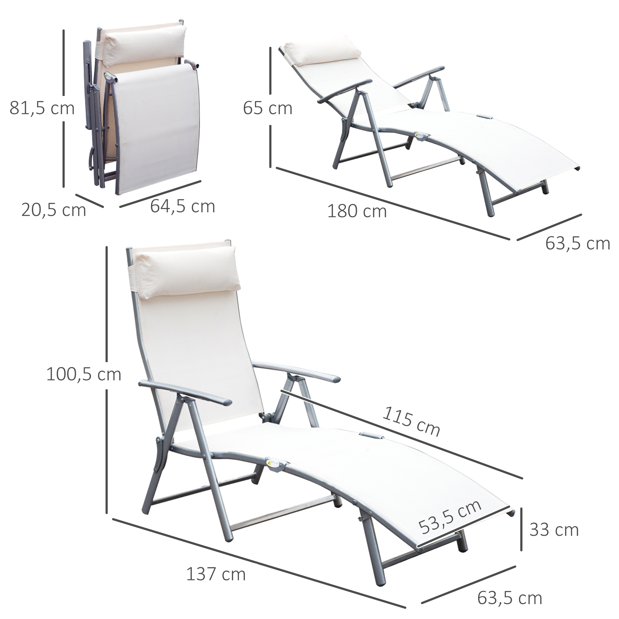 Espreguiçadeira dobrável Outsunny para jardim, com encosto ajustável em 7 níveis, almofada e apoios de braço, capacidade de carga de 165 kg, ideal para piscina, terraço e camping, dimensões 137 x 63,5 x 100,5 cm, bege.