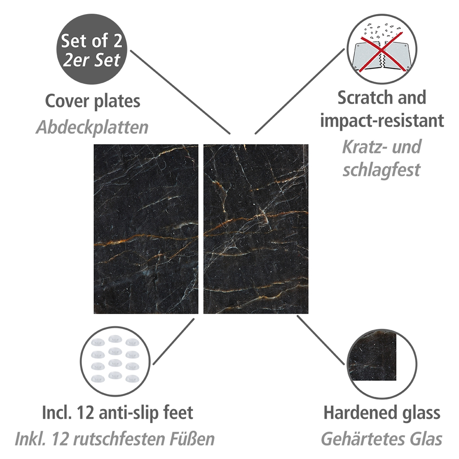2er-Set Glasabdeckplatten - schwarz - Marmor